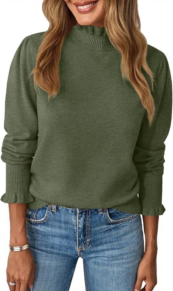 UNCLECAT Womens Ruffle Mock Neck Sweater Casual Puff Long Sleeve Fall Knit Trendy Pullover Sweate... | Amazon (US)