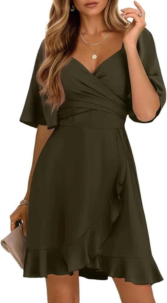 Dokotoo Women's Wrap V Neck Short Flared Sleeve Wedding Guest Dress Smocked Elastic Waist Tiered ... | Amazon (US)