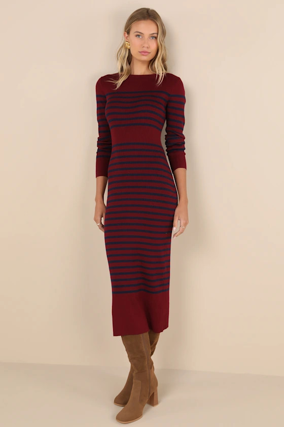 Effortlessly Ready Burgundy Striped Ribbed Midi Sweater Dress | Lulus