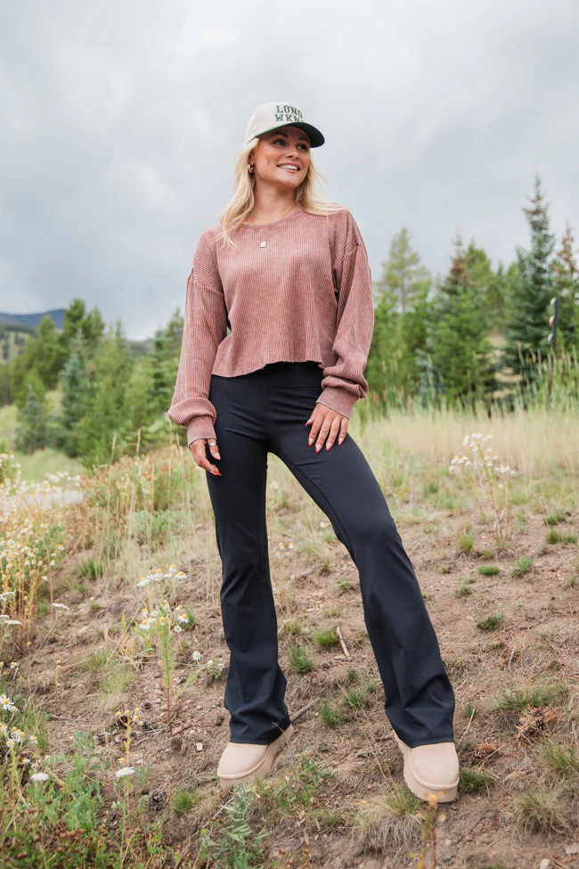 Fun And Games Chestnut Acid Washed Waffle Long Sleeve Tee | Pink Lily