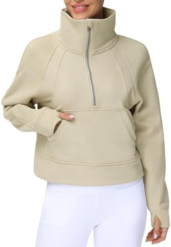 THE GYM PEOPLE Womens' Half Zip Pullover Fleece Stand Collar Crop Sweatshirt with Pockets Thumb H... | Amazon (US)