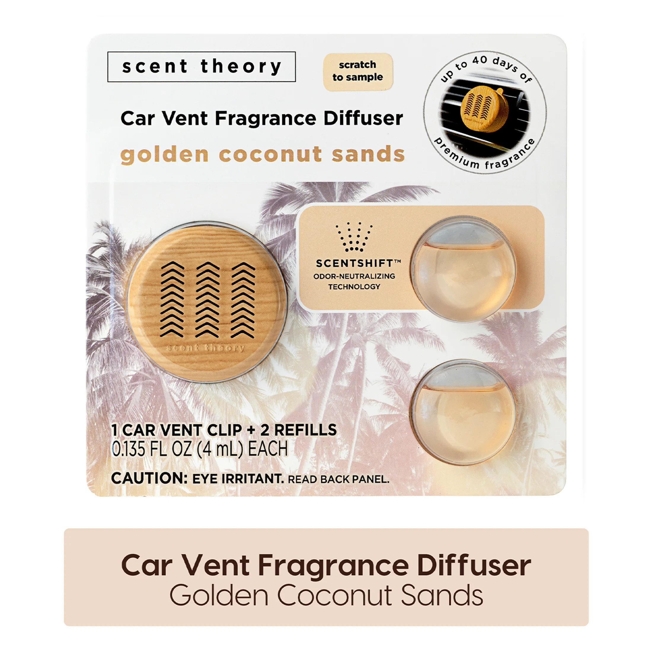 Scent Theory Fragrance Diffuser Set for Cars with 2 Refill Pods, Golden Coconut Sands | Walmart (US)