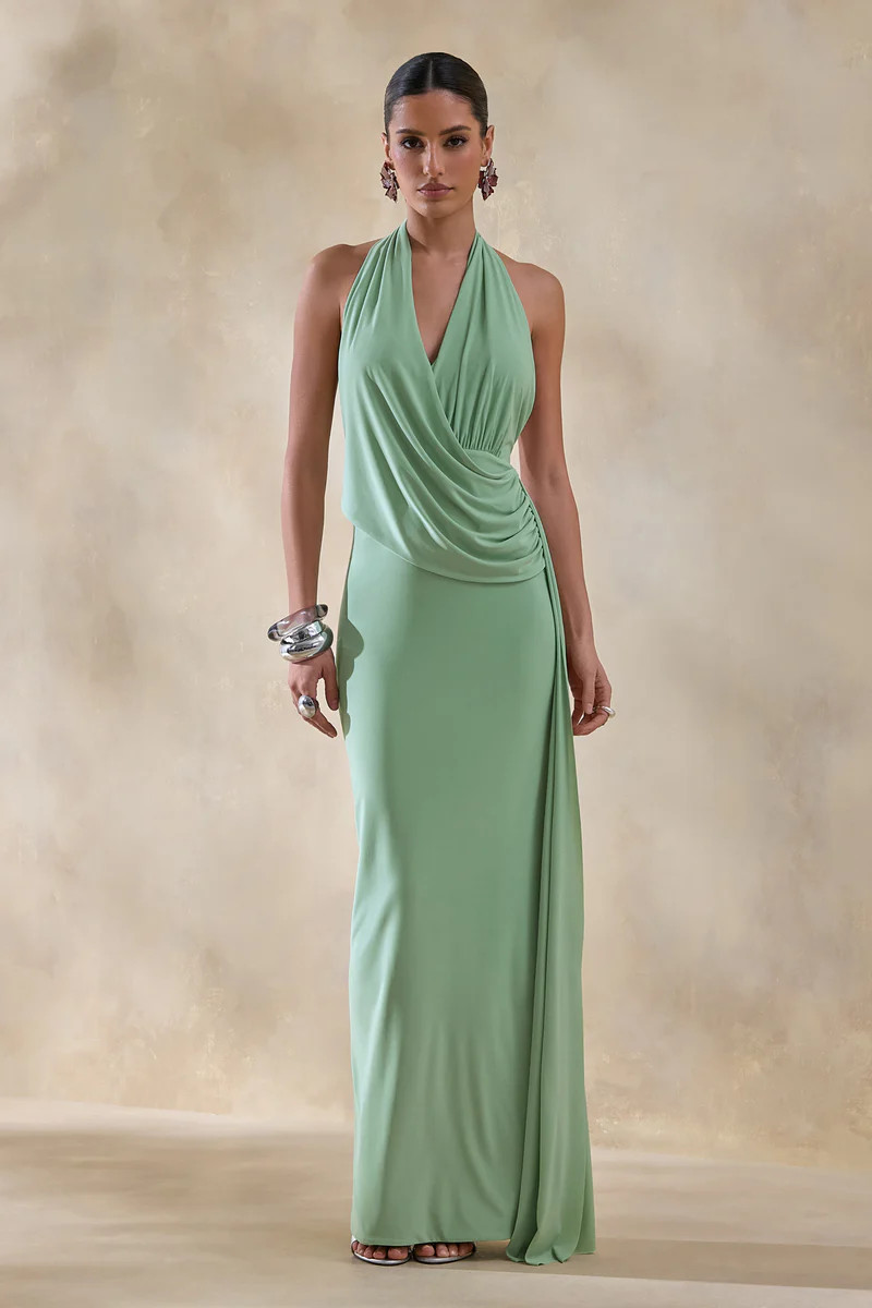 Rosina  Sage Halter-Neck Draped Maxi Dress With Sash | Club L London