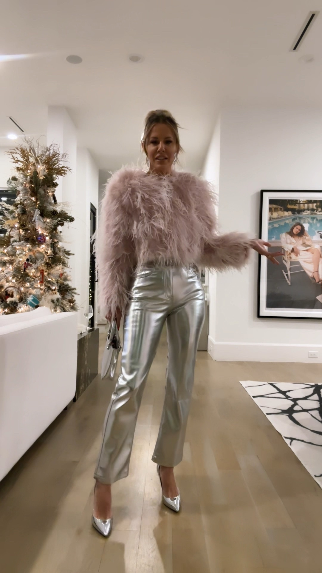 Holiday party mode! Pink fur jacket/small, silver leather jeans/25, silver heels/TTS 

#LTKstyletip #LTKparties #LTKHoliday