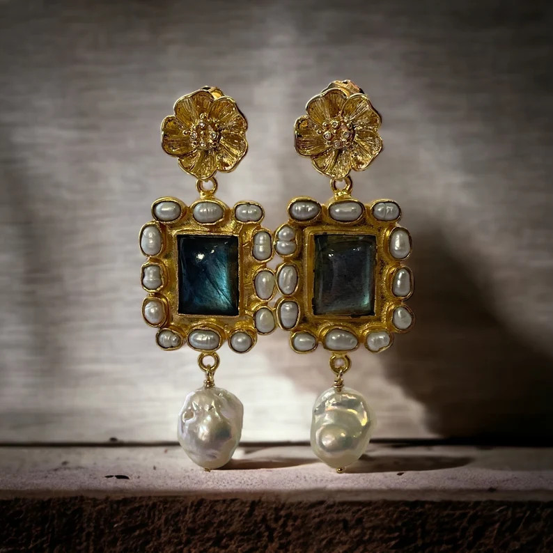Floral Baroque Pearl Earrings Baroque With Labradorite - Etsy | Etsy (US)