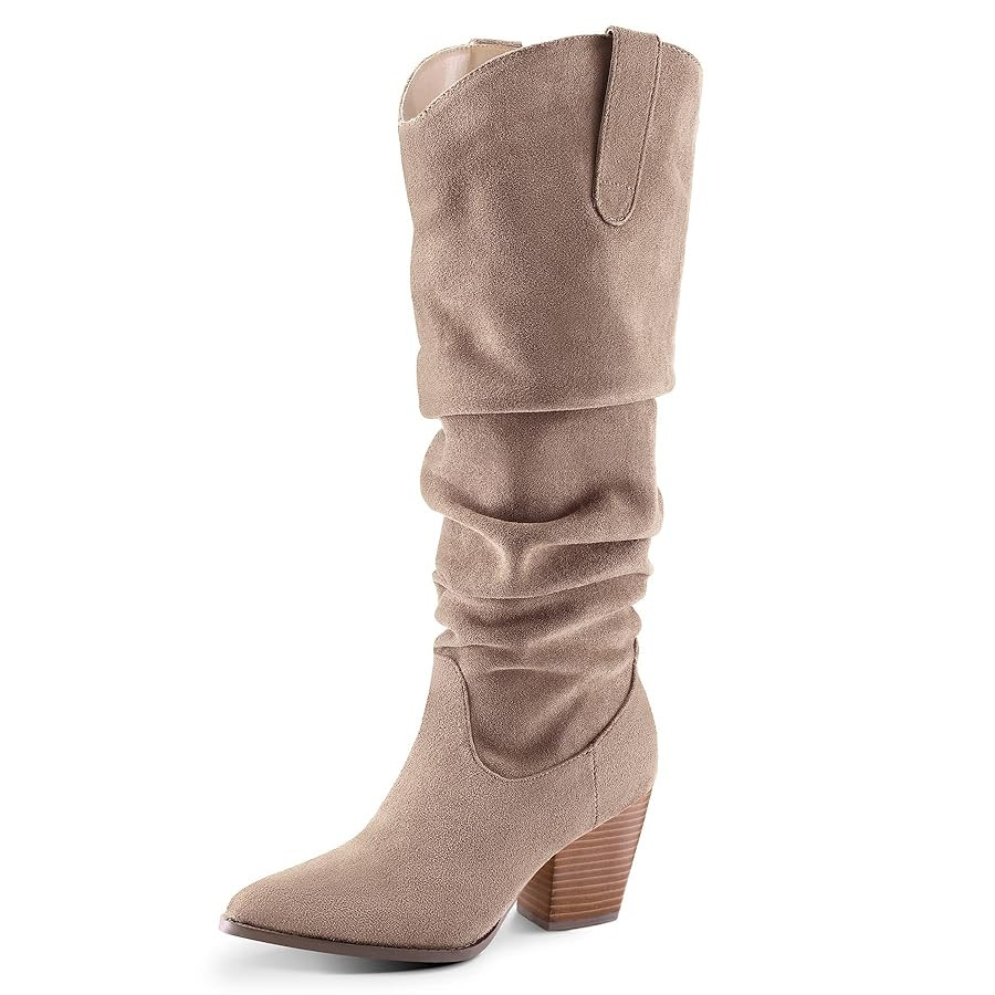 mysoft Women's Cowboy Knee-High Boots Pointed Toe Mid Chunky Heel Pull On Slouchy Boots with Zipp... | Amazon (US)