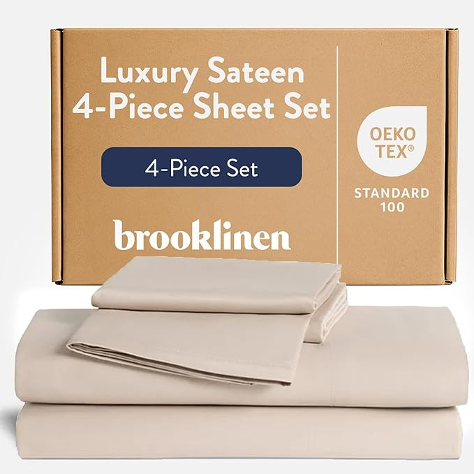 Brooklinen Luxury Sateen 4 Piece Sheet Set - 100% Cotton Bed Sheets, Soft & Durable Queen Size Sh... | Amazon (US)