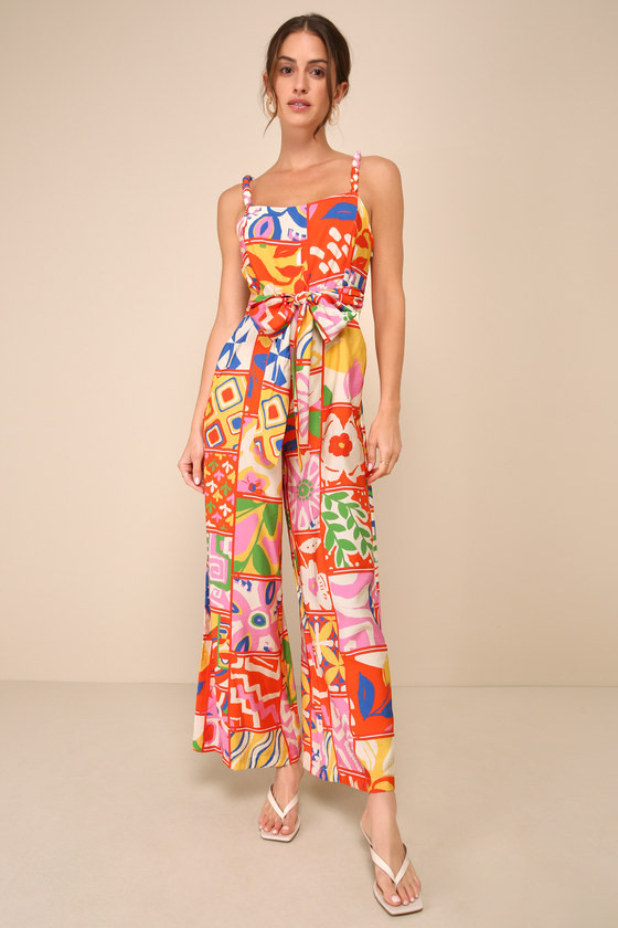 Bold Extravagance Red Multi Print Sleeveless Wide-Leg Jumpsuit | Lulus