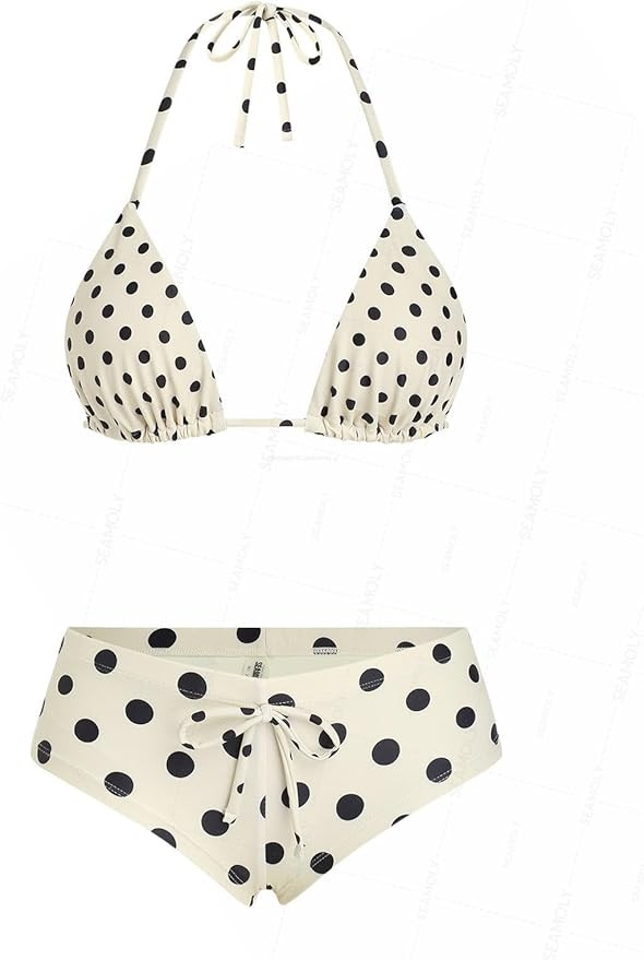 seamoly Women’s Crystal Cream Bikini Set, Halter Triangle Top with Contrast Trim Cutout and Tie... | Amazon (US)