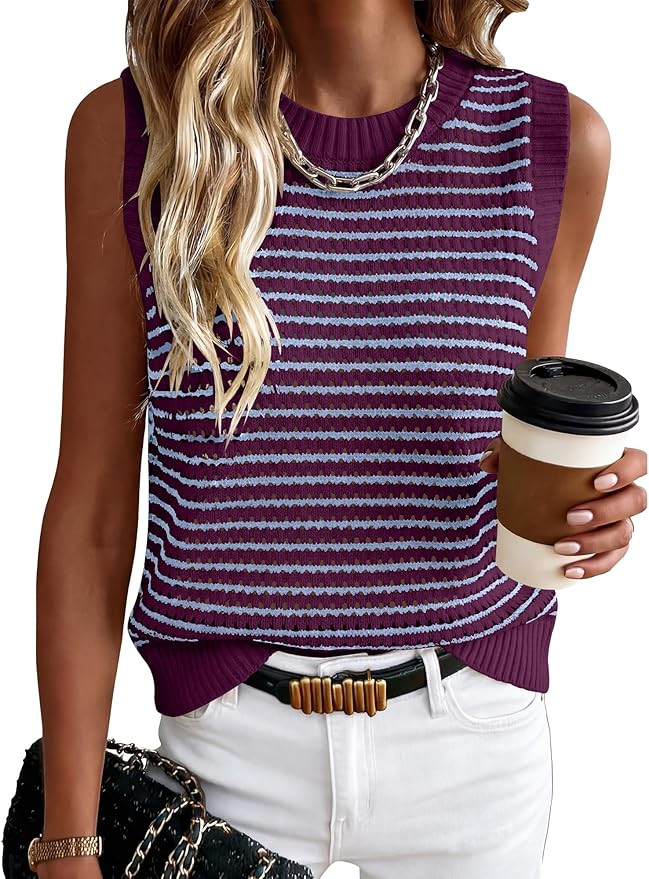 ANRABESS Womens Sweater Vest Top Striped Sleeveless Lightweight Knit Tank Tops 2026 Summer Spring... | Amazon (US)