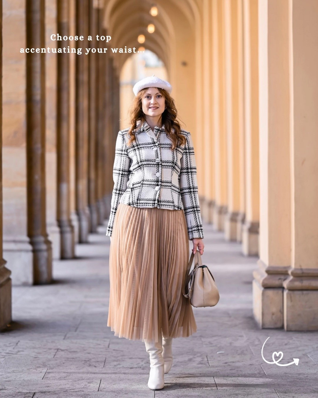 How to style a pleated skirt for autumn | Look 5

Black and white checked jacket – Hallhuber
Beige pleated tulle midi skirt – Hallhuber
Cream knee high boots – Anna Field via Zalando
Cream beret with pearls – H&M
Beige top handle handbag with suede detail – Polene Paris 


If any of these aren’t current or available, I’ve linked alternatives. 🤍

#LTKeurope #LTKautumn #LTKdeutschland