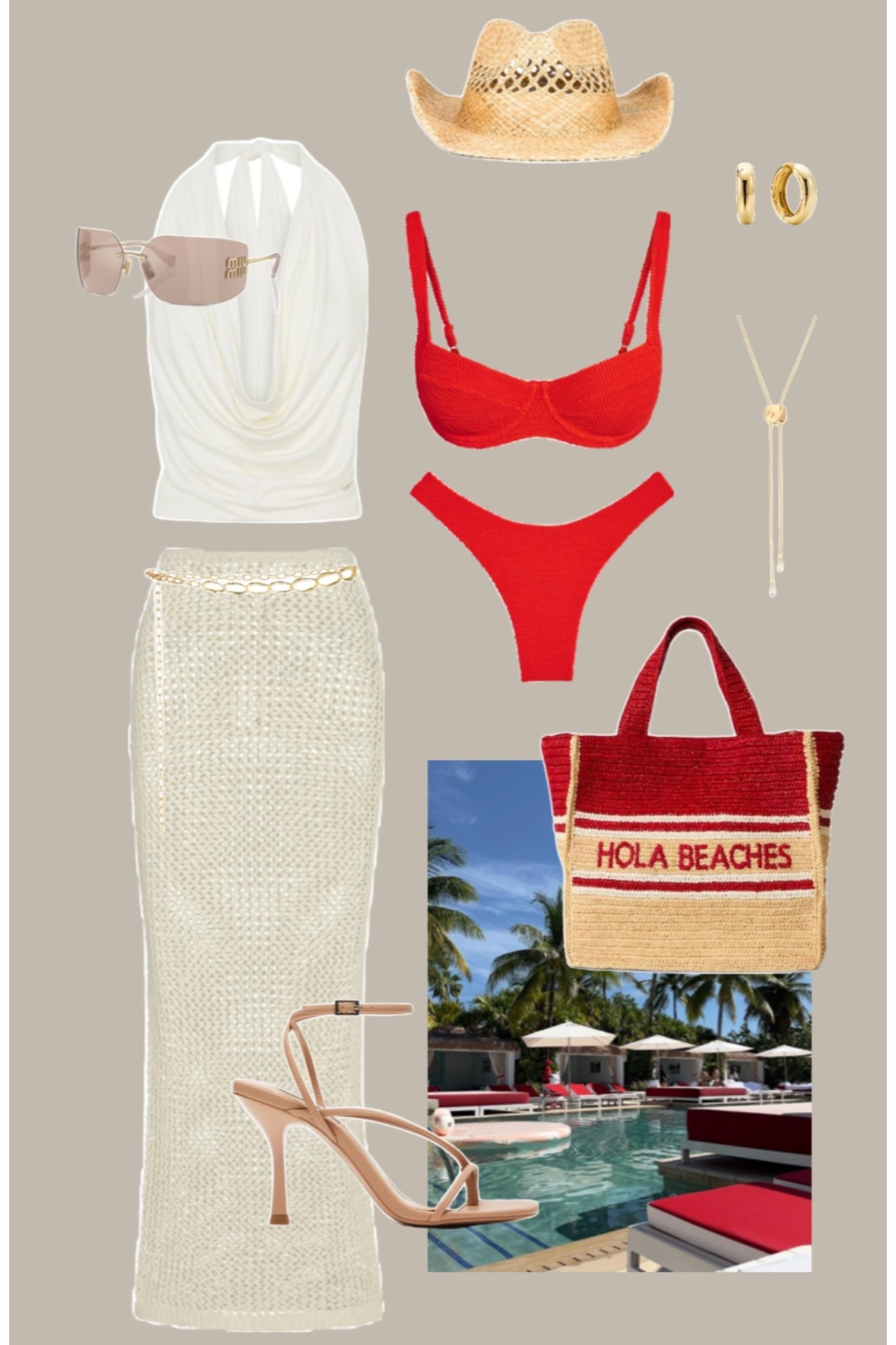 
Miami outfit ☀️🏝️✨❤️ 

Red bikini set, white crochet maxi skirt, draped white halter top, straw cowboy hat, gold hoop earrings, gold lariat necklace, nude strappy heels, beach vacation outfit, Miami pool party look, tropical resort wear, bachelorette trip outfit, summer getaway style, statement beach bag, bold color swimwear, chic cover up, girls trip outfit inspo, summer style

#LTKTravel