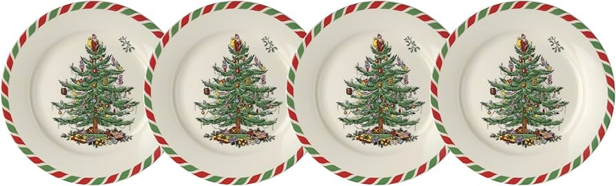 Spode Christmas Tree Collection Appetizer Plates, set of 4, Candy Cane Border, Use for Dessert, A... | Amazon (US)