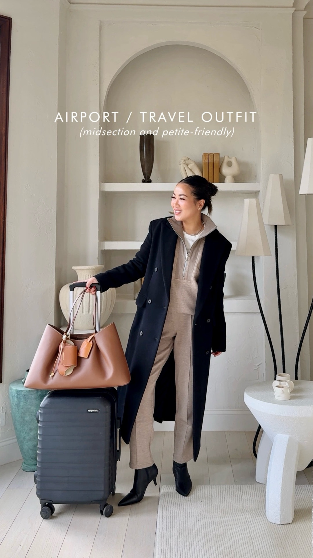 SALE UPDATE: this set + bag + wool coat + boots are currently on sale! 

Travel/airport outfit ✈️ Midsection and petite friendly!

For size reference, I’m 5 ft 115 pounds and wearing the sizes below. 

SET: I’m wearing XS Petite in the pants. Perfect fit and comfortable at the midsection. I’m wearing a Small in the sweater for an oversized fit (my tts would be an XS).

COAT: I’m wearing an 2XS. Gorgeous substantial weight wool coat. 

BOOTS: I find the fit tts. Surprisingly comfortable and easy to walk in. 

LEATHER BAG: Such a great all-around leather bag. Honestly, one of the most gorgeous shoulder bags in my closet. Supple, soft and so luxurious. Roomy for travel, everyday, mom-carry-everything-life! 

#LTKSaleAlert #LTKPetite #LTKCyberWeek