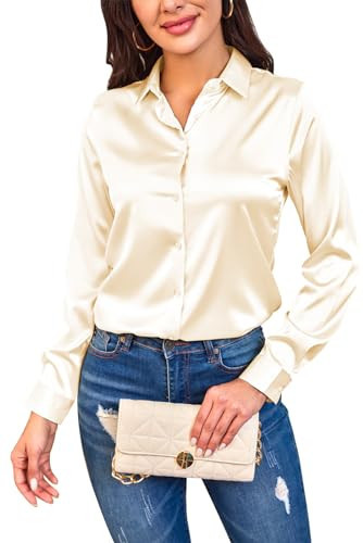 Womens Satin Silk Button Down Shirts for Women Soft Silky Long Sleeve Business Office Dress Shirt Blouses Top (Large, Cream-01) | Amazon (US)