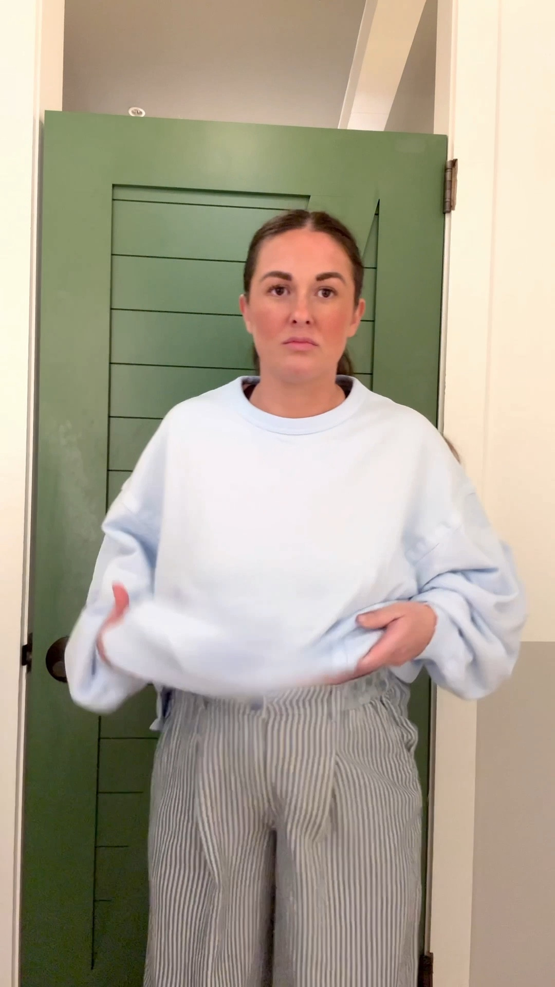 Sized up in the sweater for an oversized look. I also sized up in the pants but they are way to big even with a bump so I would do your true size if you are pregnant and size down if you are not! 

#LTKStyleTip #LTKBump #LTKSaleAlert