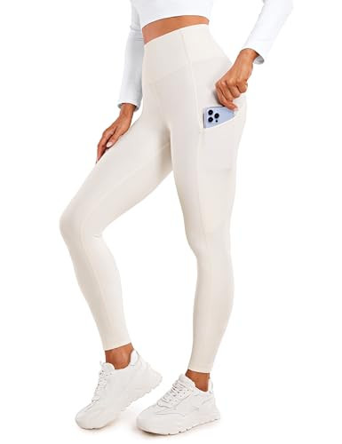 CRZ YOGA Womens Fleece Lined Leggings with Pockets 28'' - Thermal Winter Warm Full Length Pants Casual Lounge Yoga Workout Milky White Large | Amazon (US)