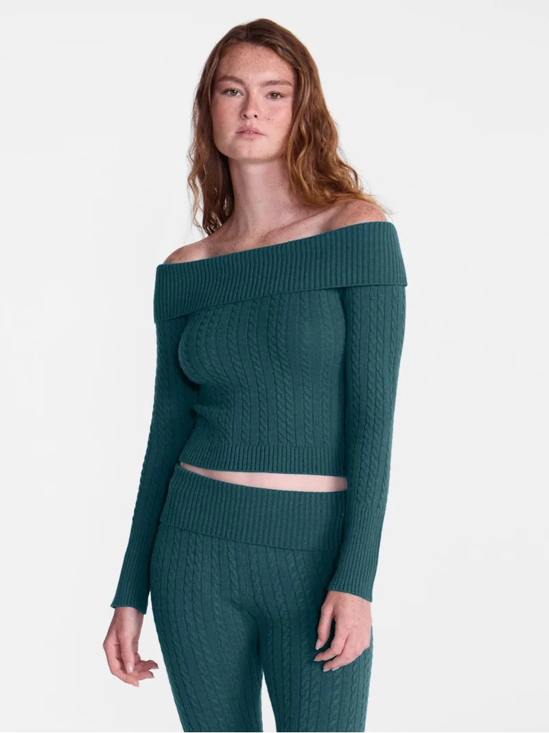 No Boundaries Cable Knit Off The Shoulder Sweater, Women's XXS-XXL | Walmart (US)