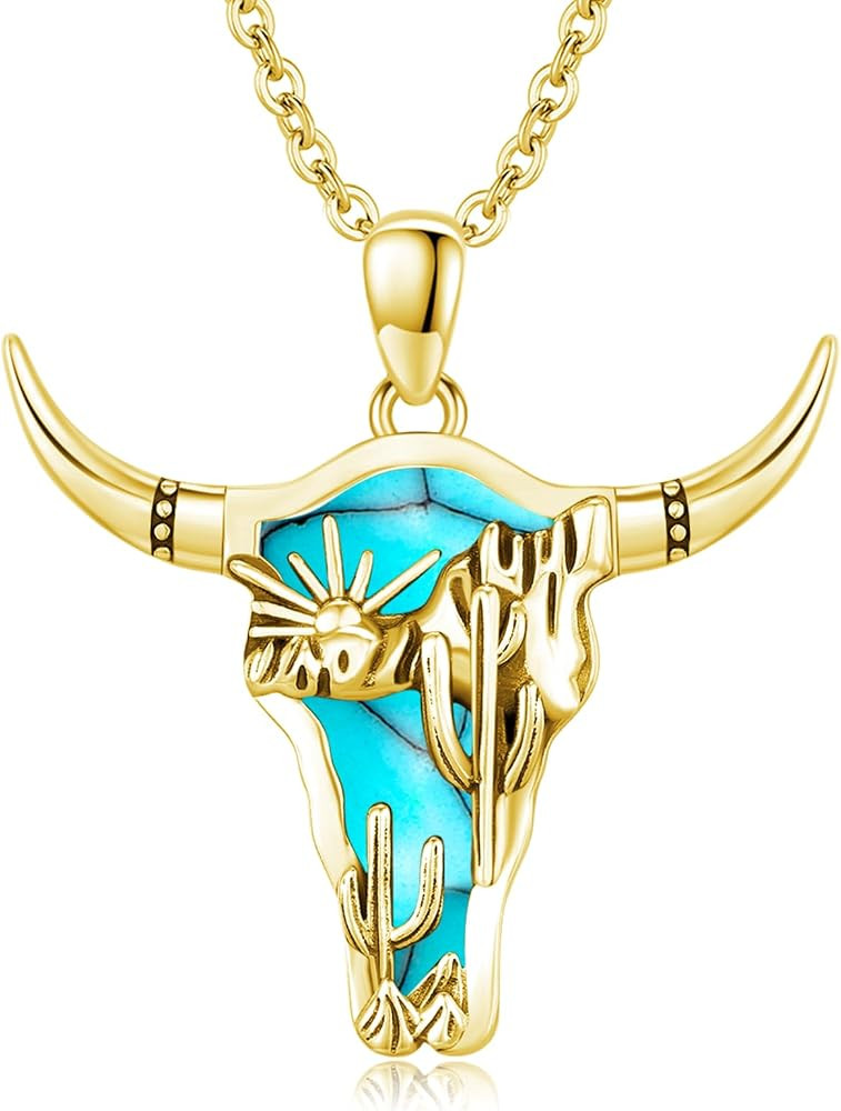 Midir&Etain Western Necklace 925 Sterling Silver Turquoise Pendant Highland Cow/Cow Skull/Hat/Tag... | Amazon (US)