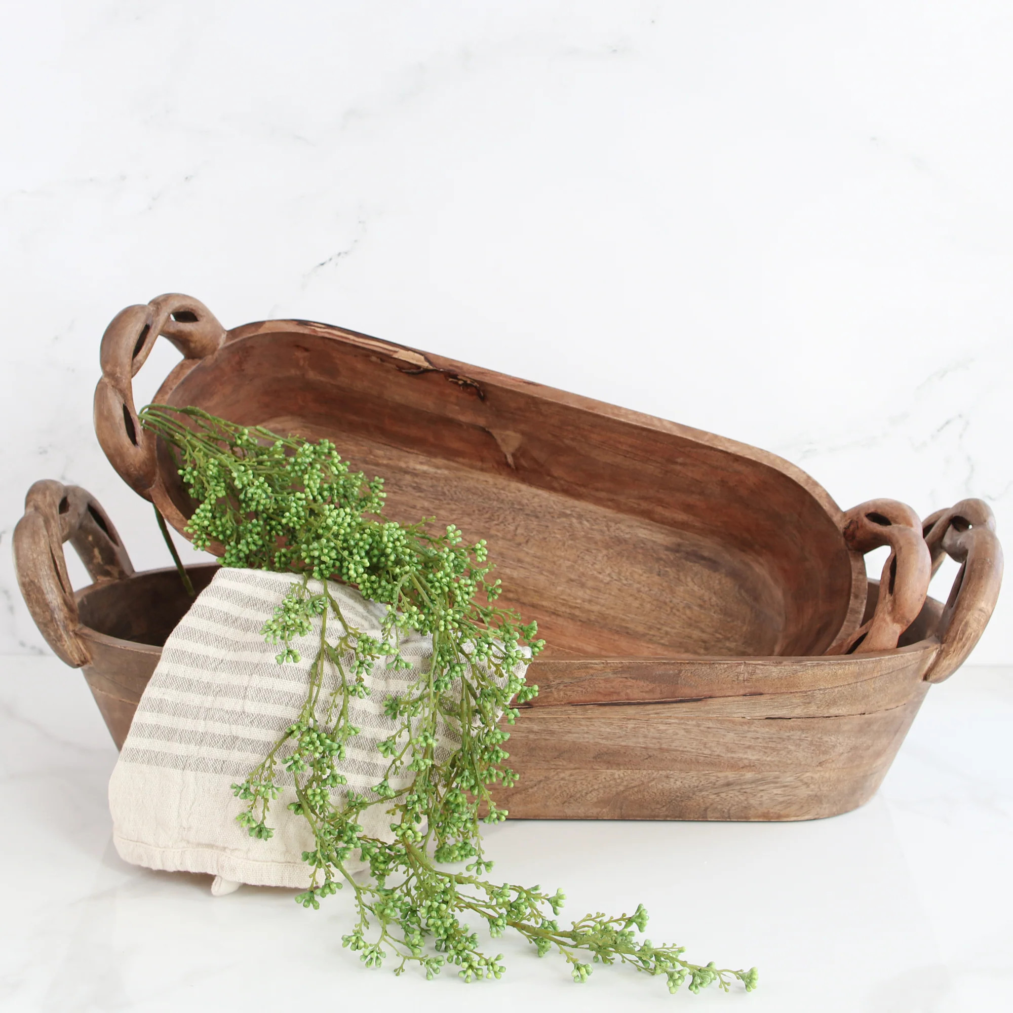 Wooden Braided Handle Dough Bowl, Set of 2 | Interior Delights
