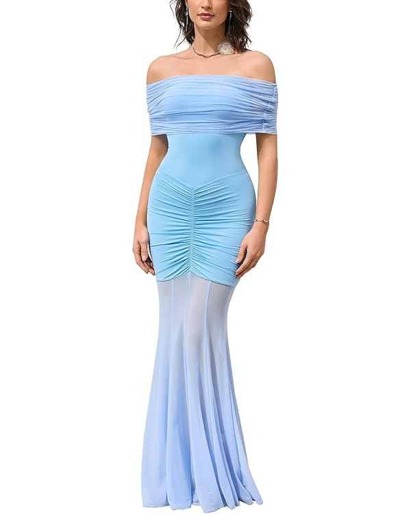 HTZMO Women Sexy Off Shoulder Bodycon Maxi Dress Strapless Ruched Wedding Guest Formal Party Long... | Amazon (US)