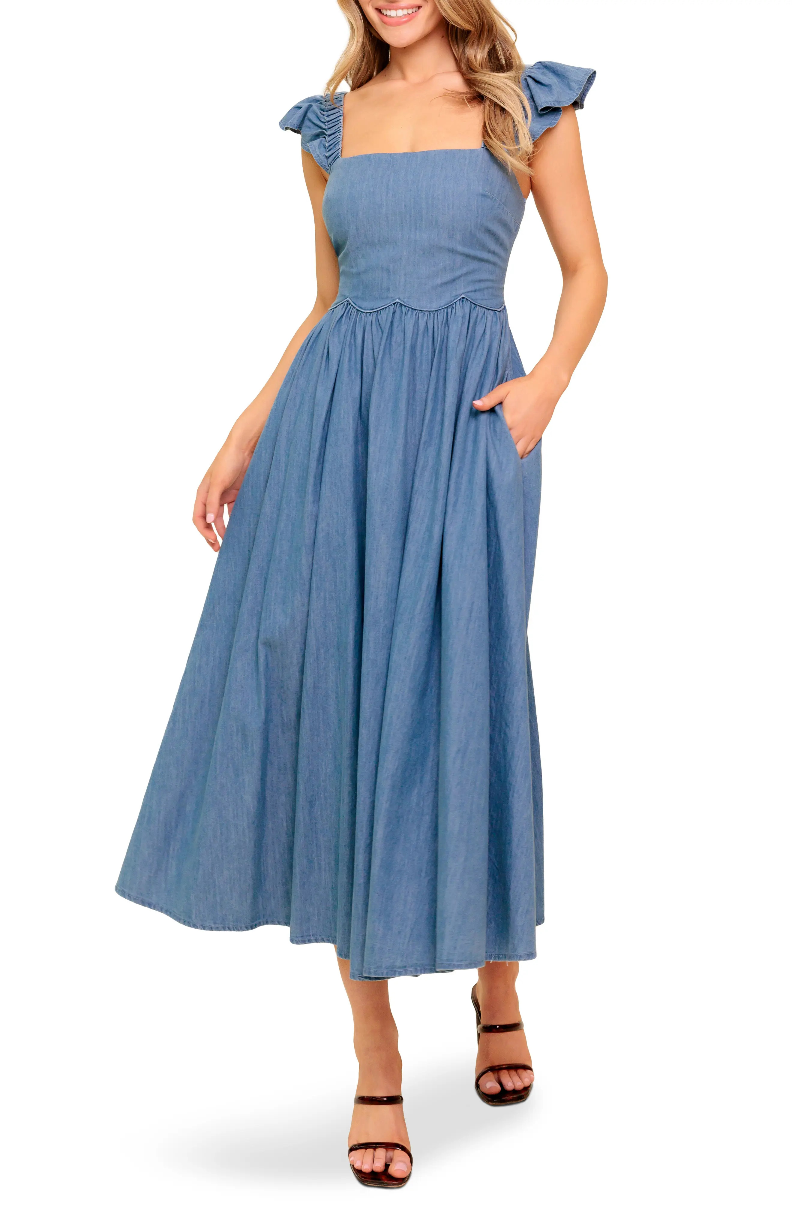 FLYING TOMATO Cap Sleeve Chambray Midi Dress (Women) | Nordstromrack | Nordstrom Rack