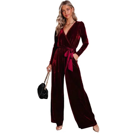 Luxurious Red Velvet Pocketed Jumpsuit for Daily and Night Out - [ZhiHiMeRi] | (US 4-6)S Fiery Red | Walmart (US)