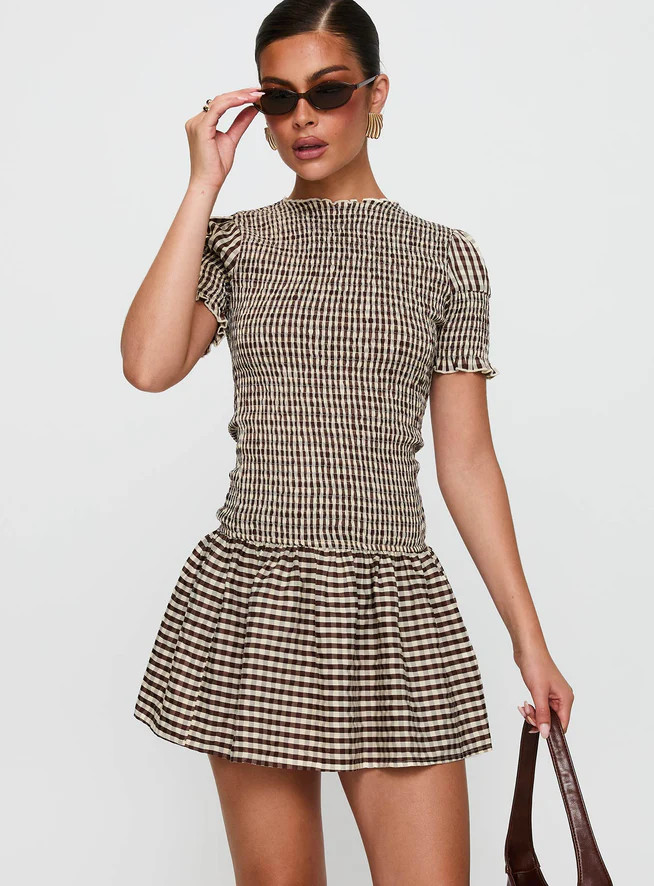 Laurita Shirred Mini Dress Brown Check | Princess Polly US