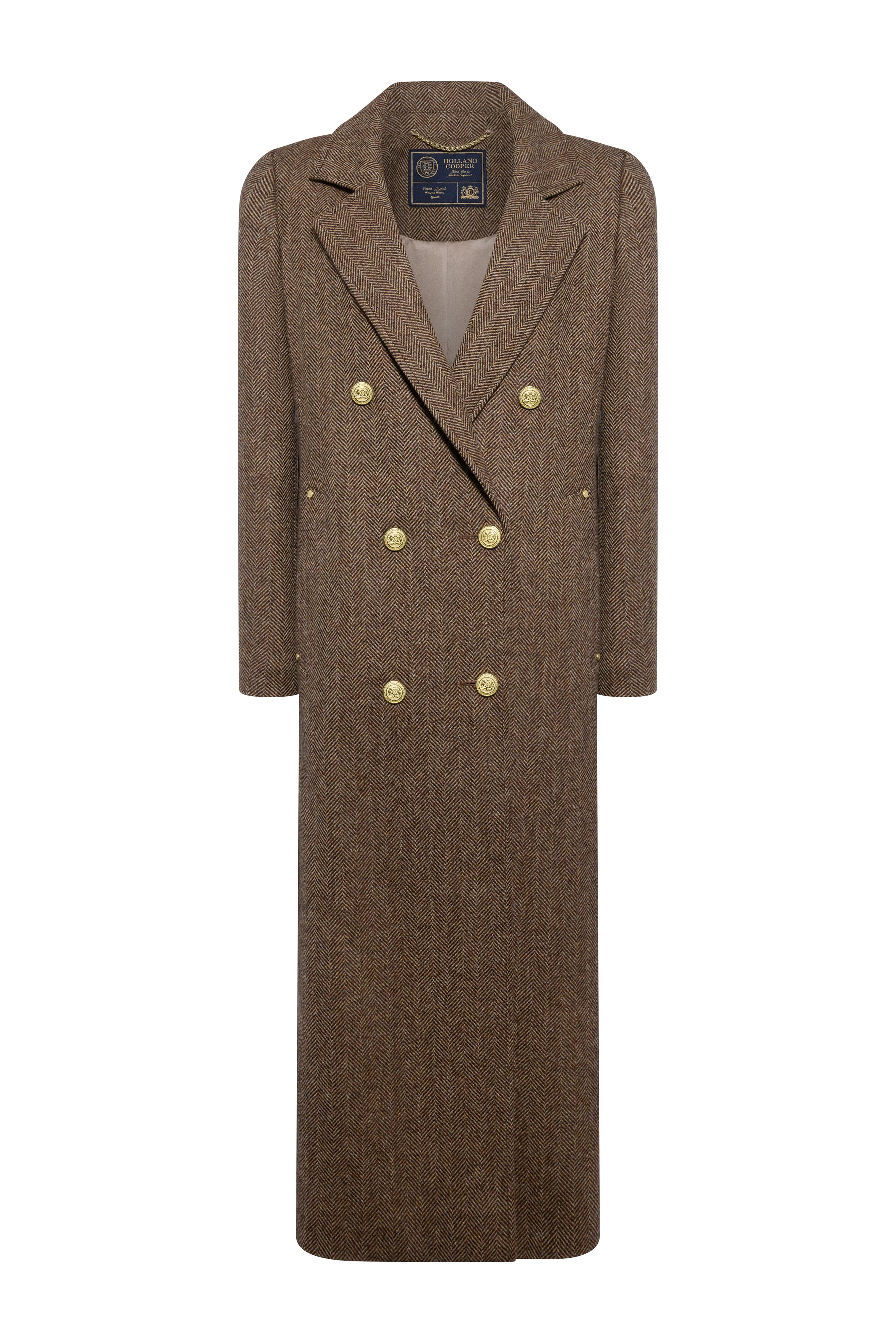 Double Breasted Coat (Large Scale Brown Herringbone) | Holland Cooper