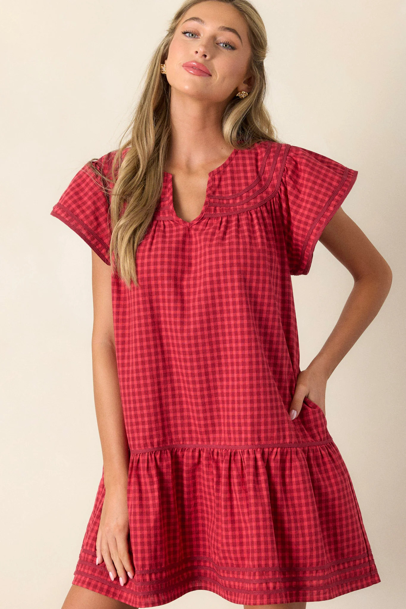 Picnic Day 100% Cotton Red Gingham Mini Dress | Red Dress