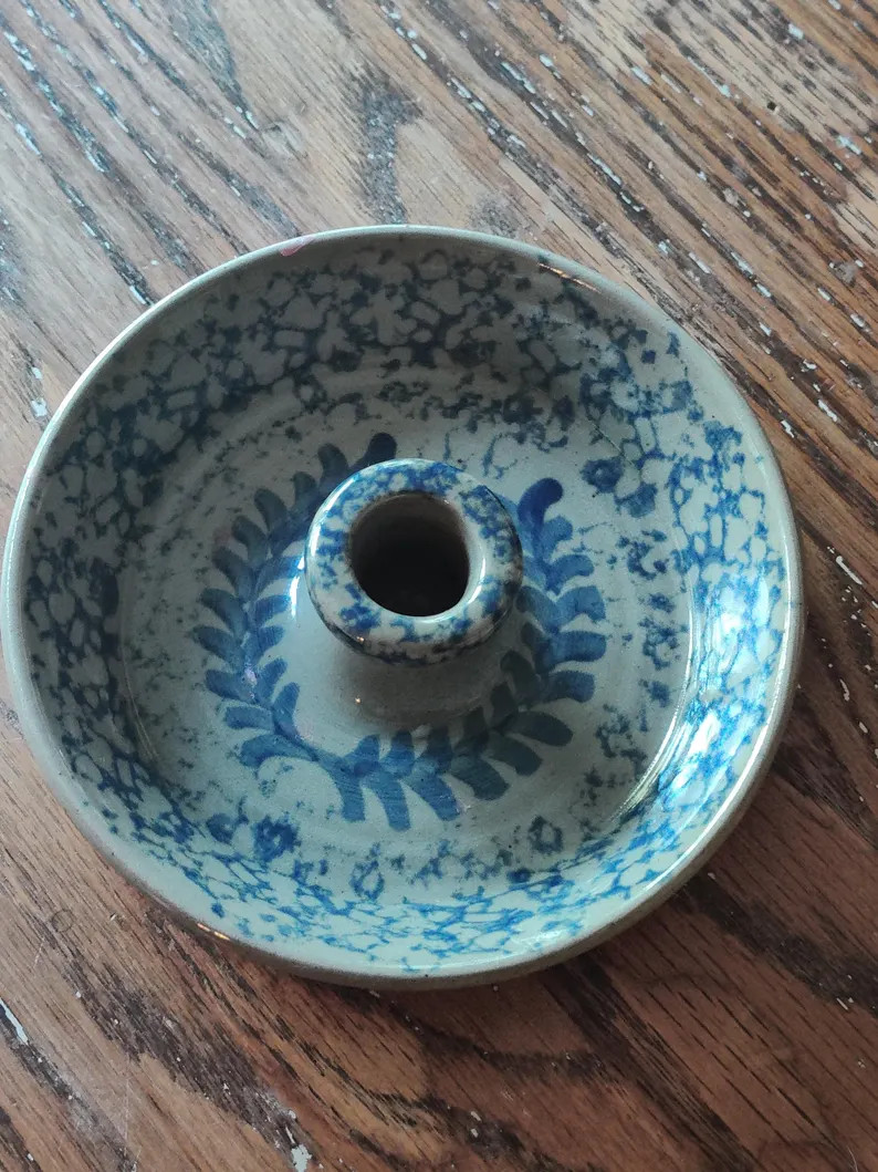 Vintage Handmade Blue Spongeware Clay Pottery Candleholder Taper Dining Serving Dinner Signed Vin... | Etsy (US)