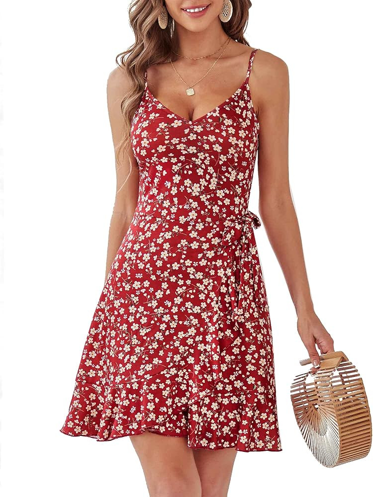 HUHOT Women's Sexy Adjustable Spaghetti Strap Ruffle Hem Dress V Neck Front Waist Tie Knot Wrap F... | Amazon (US)