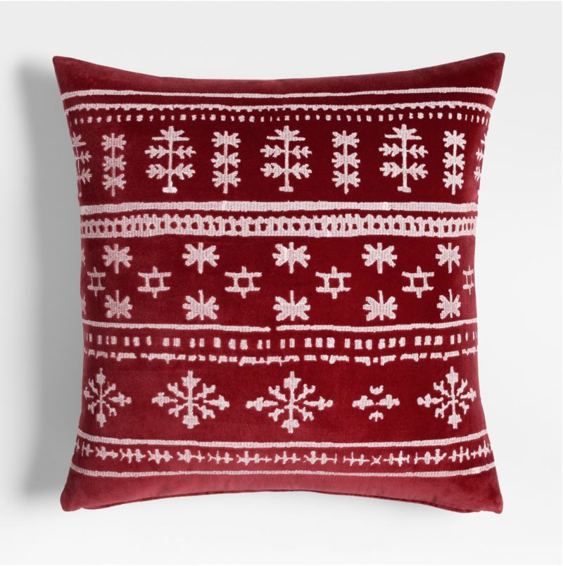 Fair Isle Embroidered Velvet 23"x23" Luminous Red Throw Pillow Cover | Crate & Barrel | Crate & Barrel