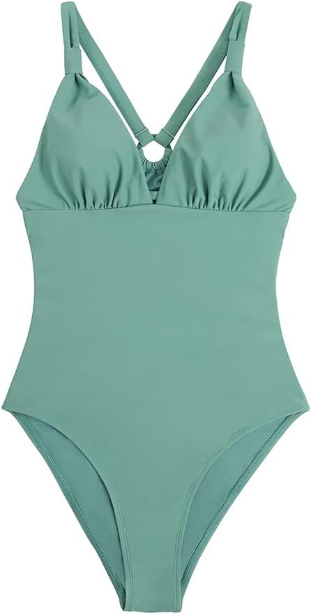 CUPSHE Women's Ruched One Piece Swimsuit Green O Ring V Neck Bathing Suit | Amazon (US)