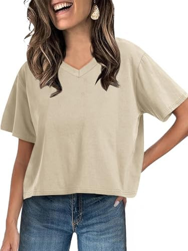 UNCLECAT Women Cropped T Shirts Casual Short Sleeve V Neck Crop Tops 2026 Summer Soft Loose Basic... | Amazon (US)