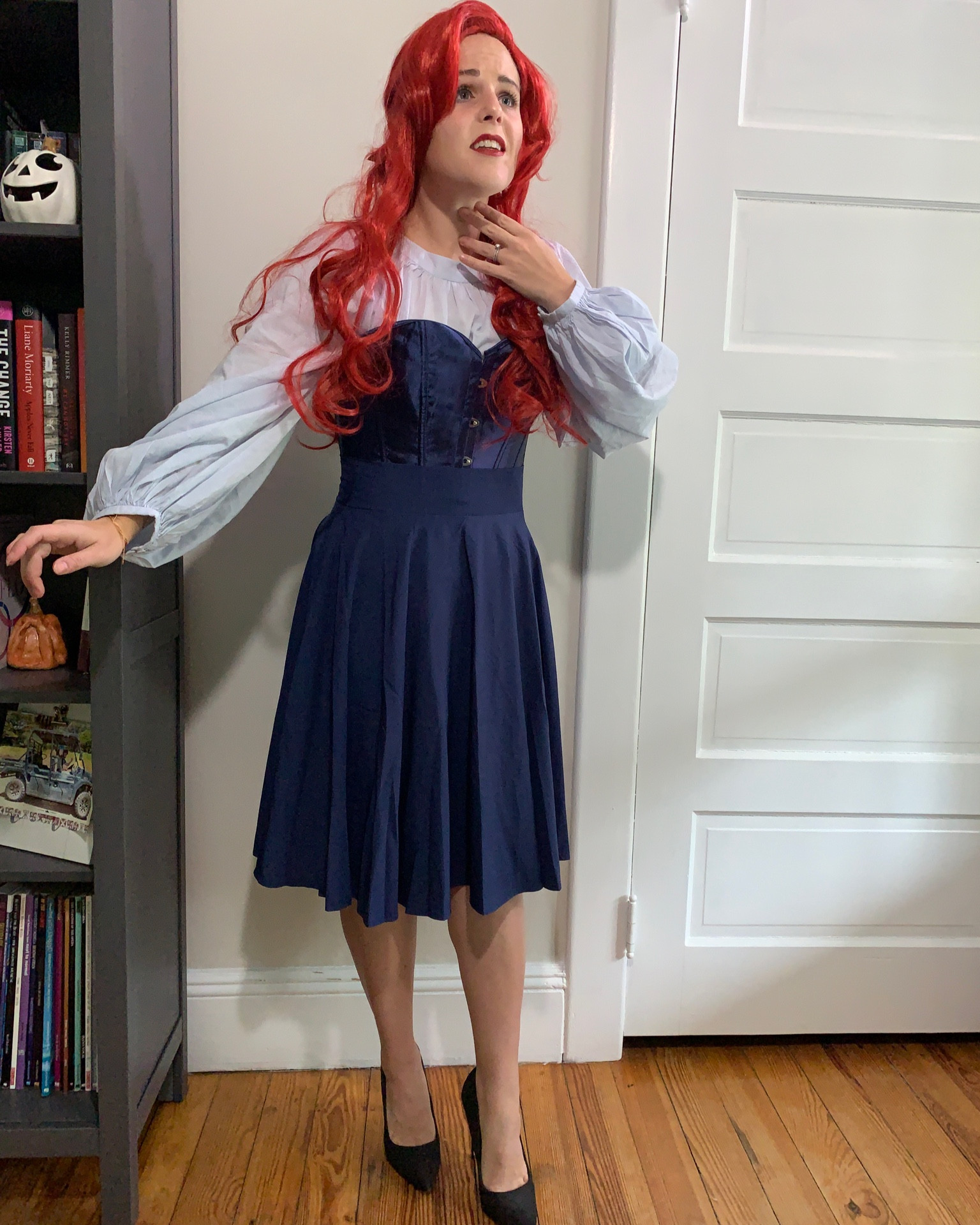 Halloween. Easy Halloween costume. Affordable Halloween costume. The little mermaid. Disney. Disney Halloween. Ariel. Princess Ariel. Halloween costume. Blue corset. Puff sleeve shirt. Blue blouse. Tea length skirt. Black pumps. Classic black heels.

#LTKHalloween #LTKSeasonal #LTKunder100