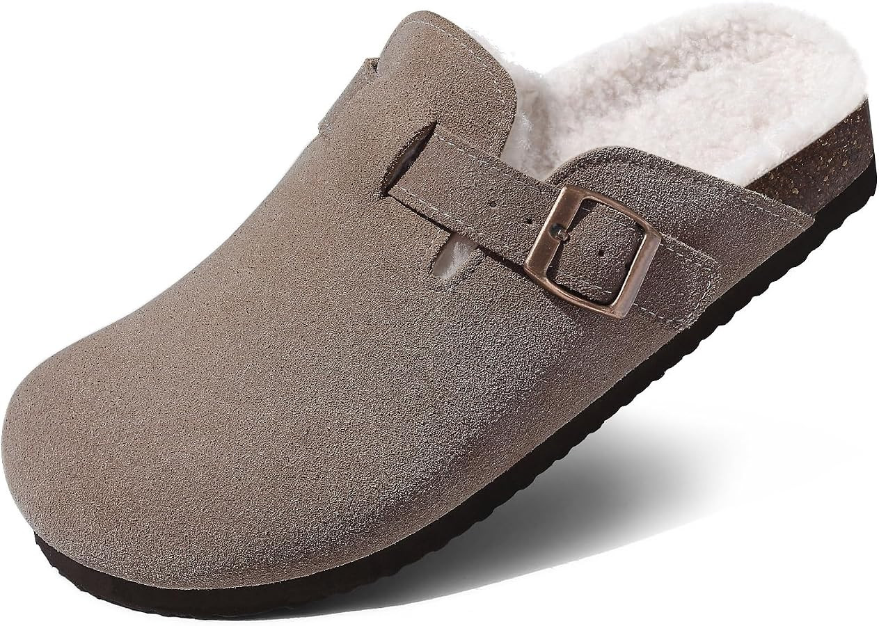 KIDMI Women's Fur Lined Suede Clogs Fuzzy Cork Footbed Mules Slip On Winter Potato Shoes | Amazon (US)