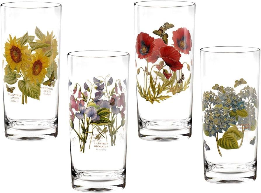 Portmeirion Botanic Garden 15oz Highball Glasses, Set of 4 - Assorted Floral Motifs, Chip-Resista... | Amazon (US)