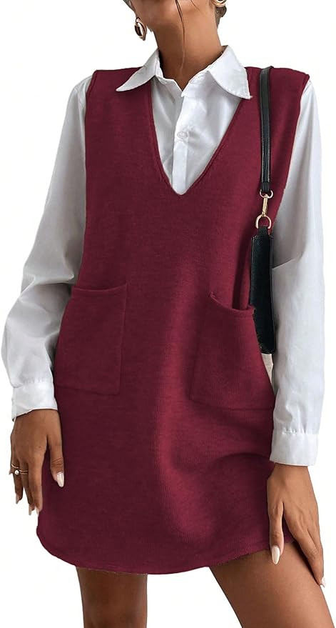 OYOANGLE Women's V Neck Sleeveless Knitted Solid Short Sweater Dress with Pockets | Amazon (US)