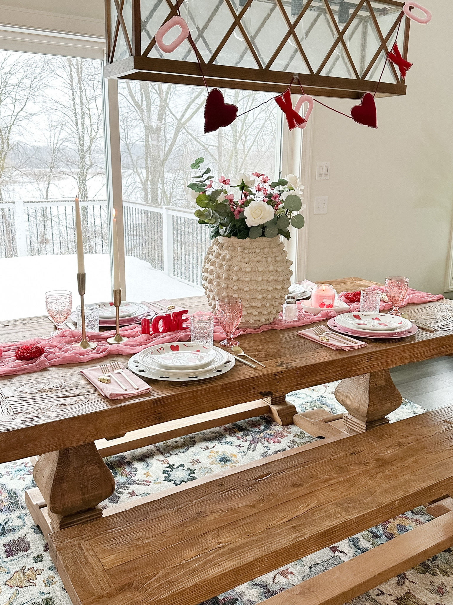 Valentine’s Day Tablescape that was so fun to create for an evening at home with my boys. A lot of these items would be perfect to implement into an Easter brunch table!! 

Table setting, chargers, Minka pot, faux roses, eucalyptus stems, cherry blossoms,  pink napkins, pink wine glasses, champagne gold silverware, brass candlesticks, Target home finds, Amazon home, cheesecloth table runner 

#LTKhome #LTKSeasonal #LTKFind