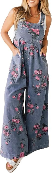 ebossy Women's Floral Denim Bib Overalls Adjustable Straps Sleeveless Wide Leg Long Jean Jumpsuit | Amazon (US)