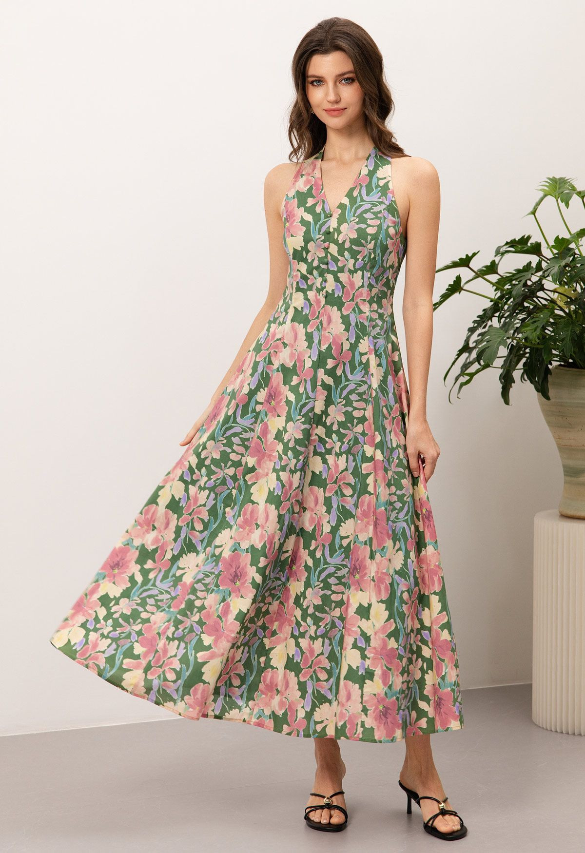 Blushing Watercolor Floral Halter Neck Maxi Dress in Green for Romantic Dinner Dates & Garden Pic... | Chicwish