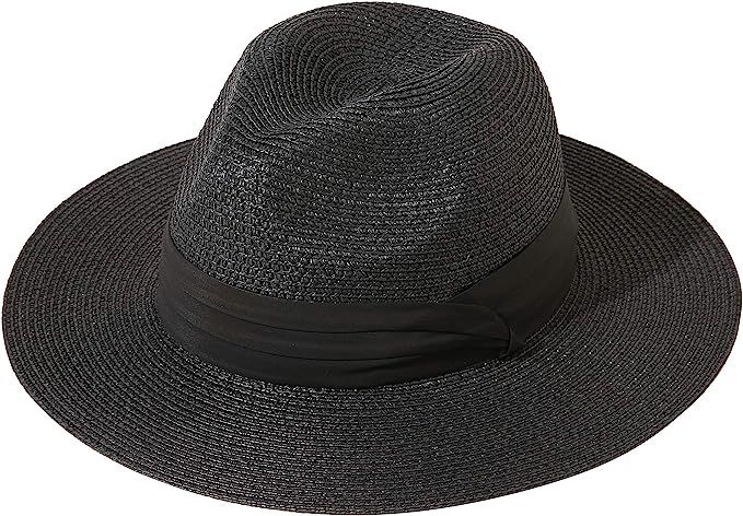 Lanzom Women Wide Brim Straw Panama Roll up Hat Fedora Beach Sun Hat UPF50+ | Amazon (US)