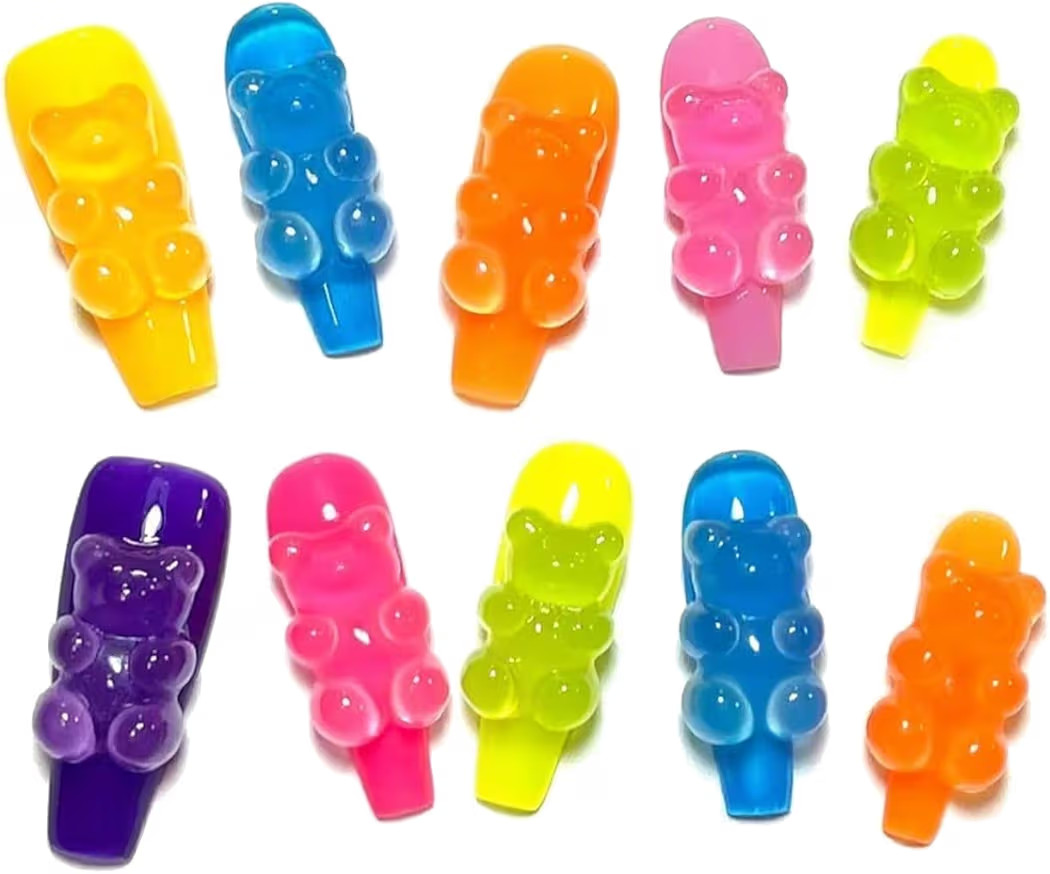 GREENTEA Handmade Press On Nail with Gummy Bear, Colorful Translucent Design,Fake Nails Spring Su... | Amazon (US)