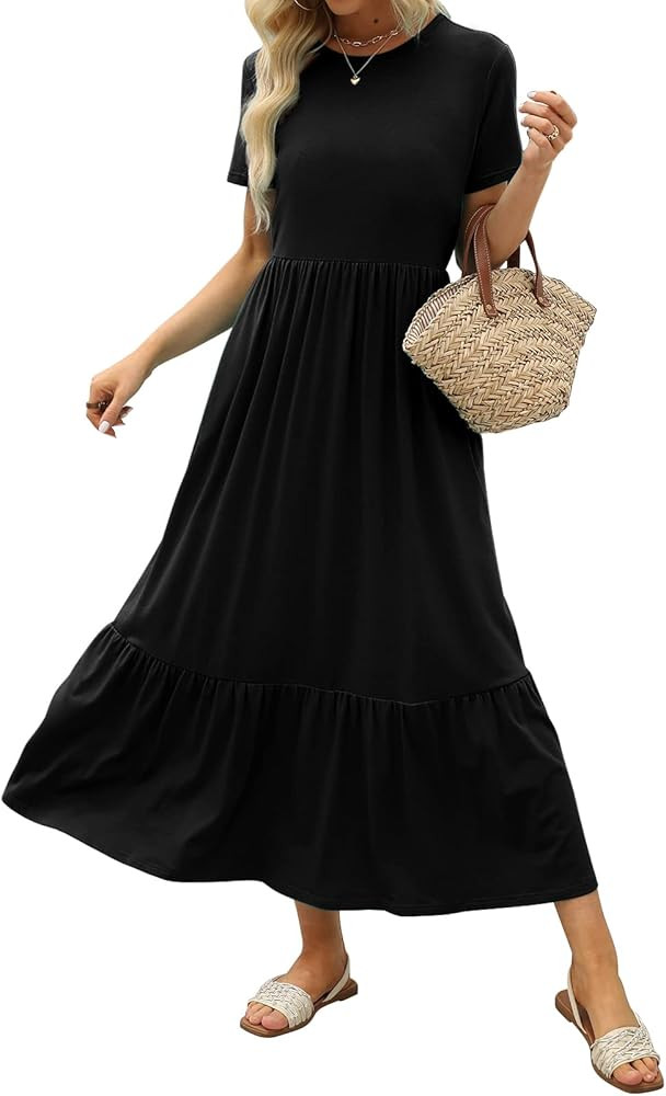 LILLUSORY Womens Short Sleeve Crew Neck Tiered Flowy Swing Midi Dresses with Pockets | Amazon (US)