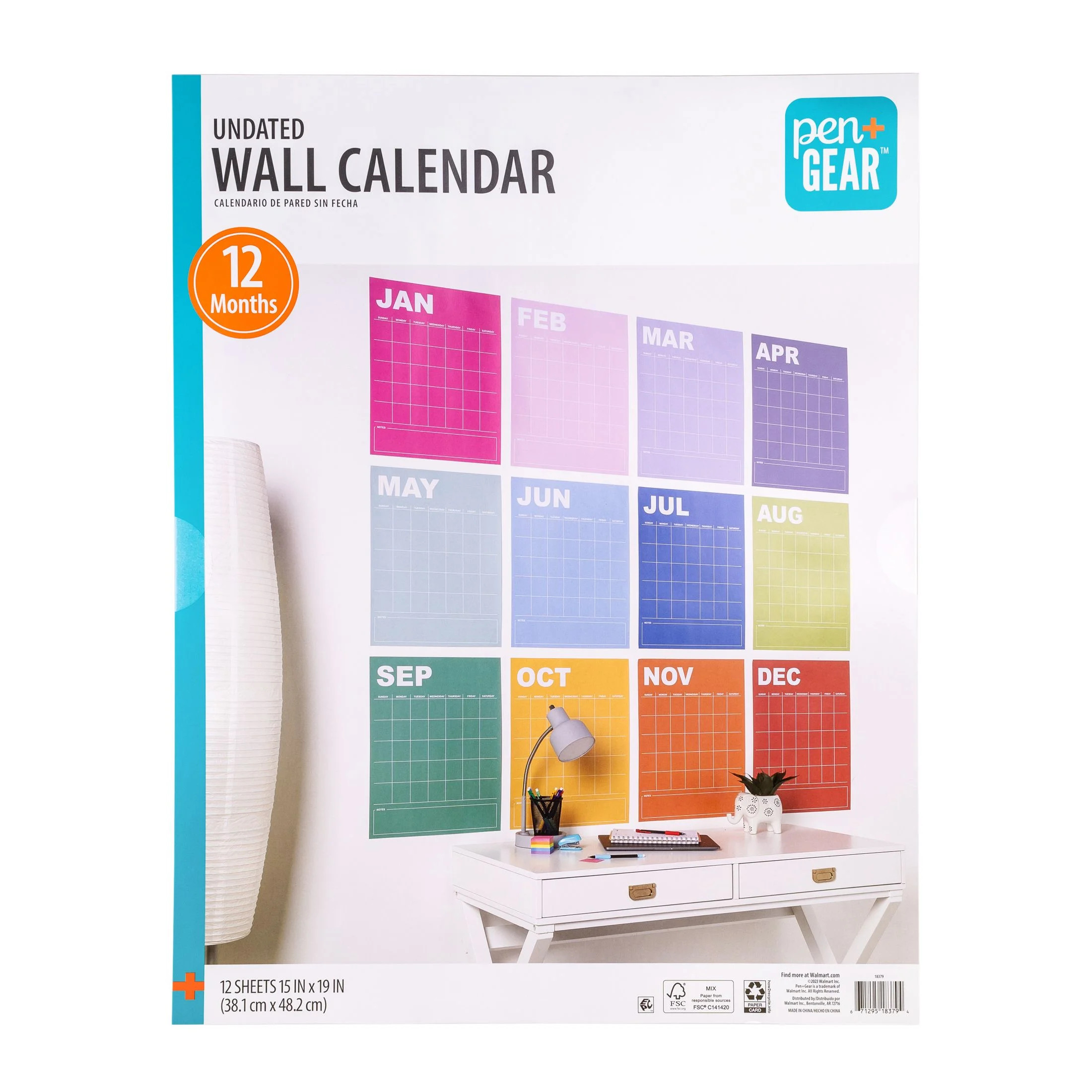 Pen & Gear Monthly Large (15" x 19") Rainbow Undated Calendar | Walmart (US)