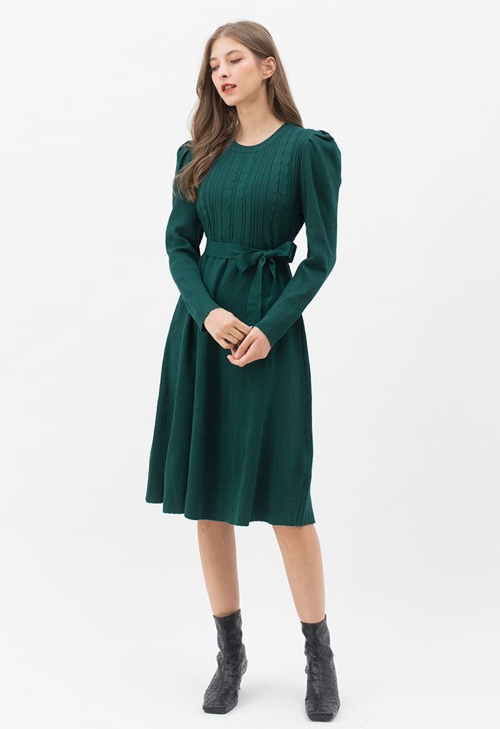 Braid Knit Gigot Sleeve Midi Dress in Dark Green | Chicwish