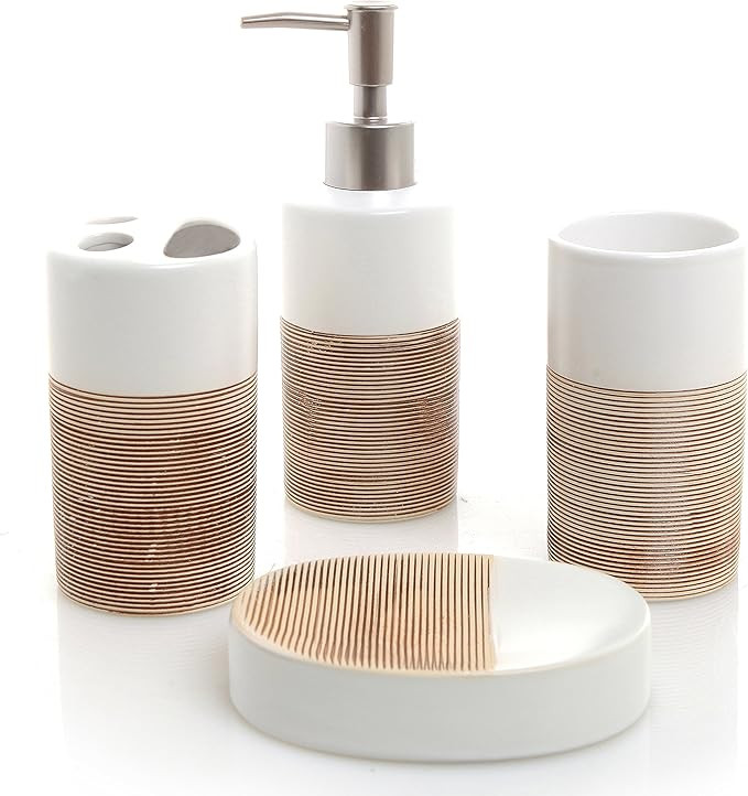 MyGift Deluxe 4 Piece White & Beige Ceramic Bath Set w/Soap Dispenser, Toothbrush Holder, Tumbler... | Amazon (US)