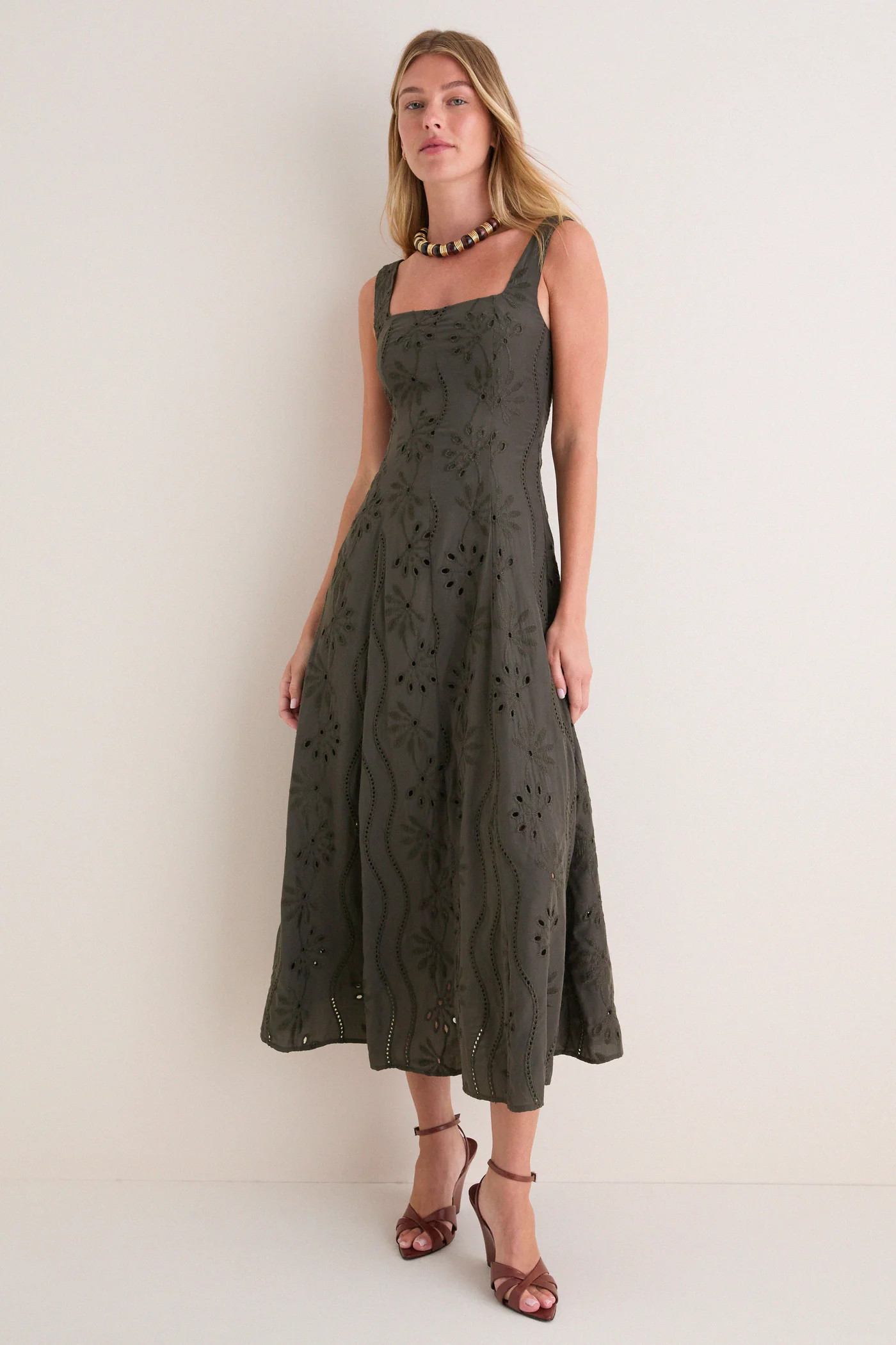 Dark Olive Embroidered Eyelet Square Neck Midi Dress | Tuckernuck (US)