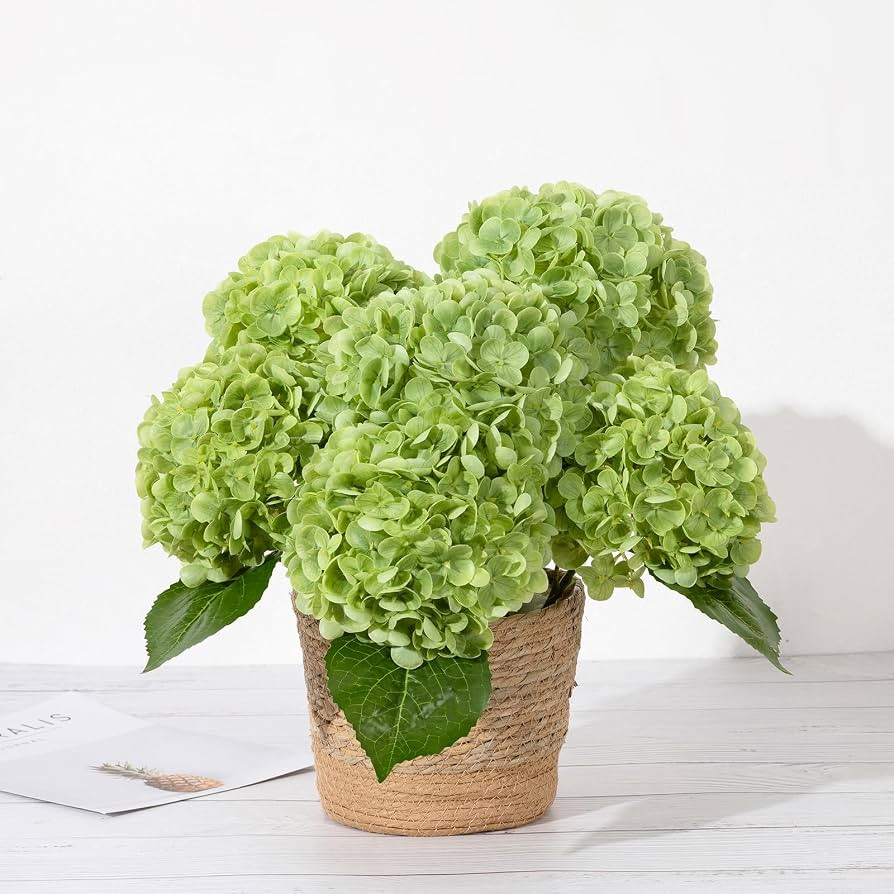 DuHouse Green Artificial Hydrangea Flowers, 5Pcs Real Touch Wedding Stems | Amazon (US)